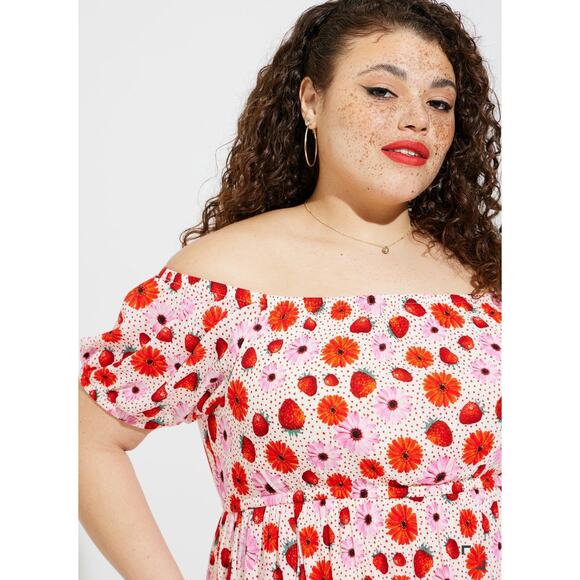 Torrid Retro Chic Midi Puff Sleeve Skater Dress Womens Large Strawberry Pink New - Picture 3 of 12